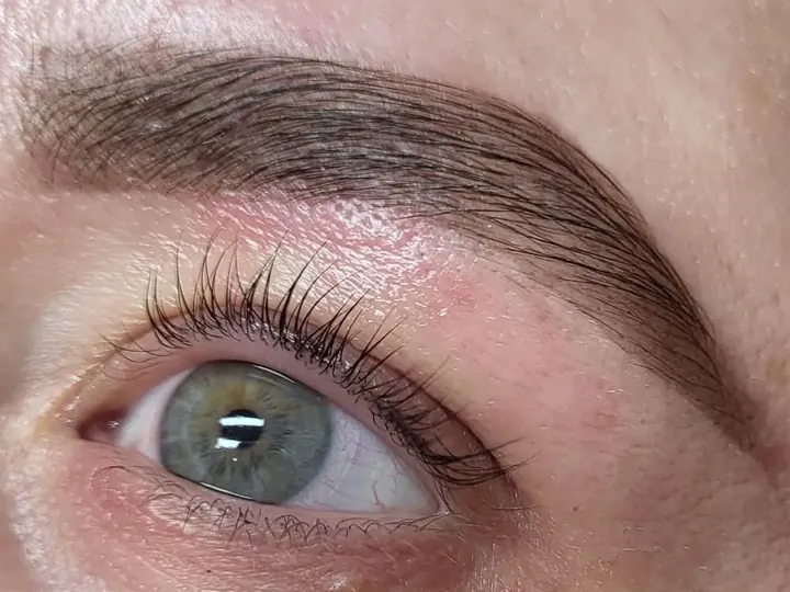 Volle bruine wenkbrauw in model, boven een groen oog