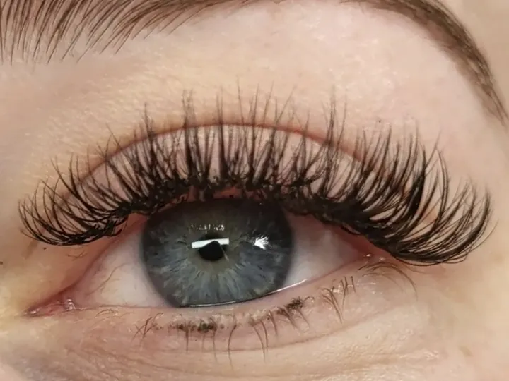 Blauwgrijs oog met hybrid wimpers, schuin van boven